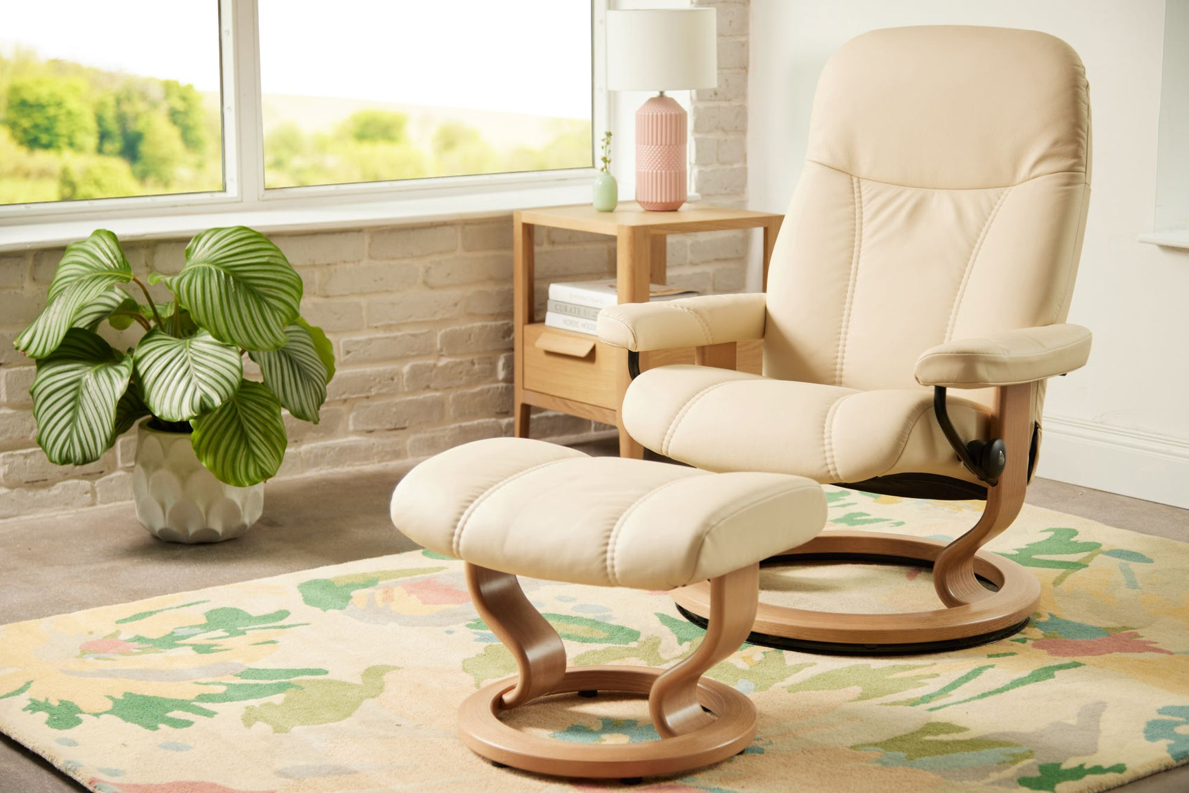 Stressless Consul Cream Medium Recliner Chair and Stool