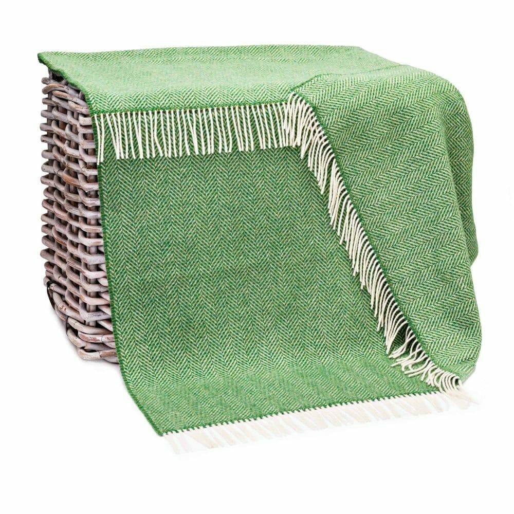 Merino Cashmere Throw Green Herringbone