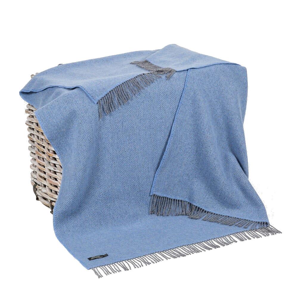 Merino Cashmere Throw Grey Blue Herringbone