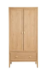 Oak wood Lavinia Wardrobe with 1 drawer and two doors featuring a reeded design and solid brass hardware