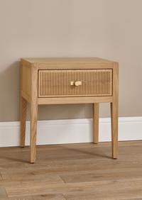 Oak wood Lavinia Nightstand with 1 drawer, one featuring a reeded Art Deco design and solid brass hardware
