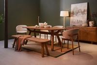 Solid oak Mason Dining Table (seats 6-8) with rustic hue and natural wood grain in a warm, sophisticated dining room setting