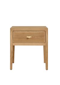 Two-drawer Lavinia Nightstand in oak wood. Features a reeded Art Deco top drawer and solid brass round handles
