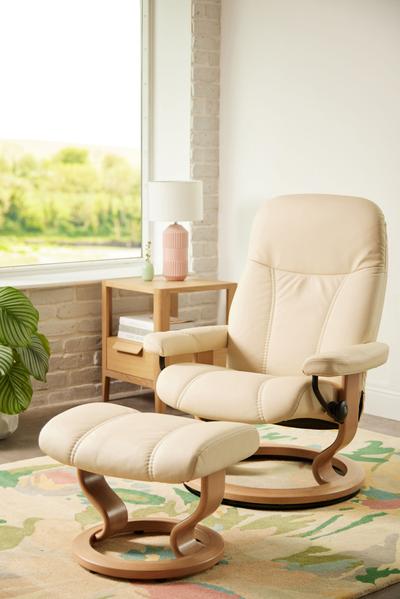 Stressless Consul Cream Medium Clas Recliner Chair and Stool