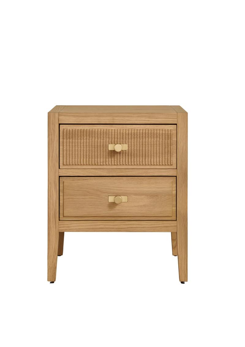 Oak wood Lavinia Bedside Locker with 2 drawers, one featuring a reeded Art Deco design and solid brass hardware
