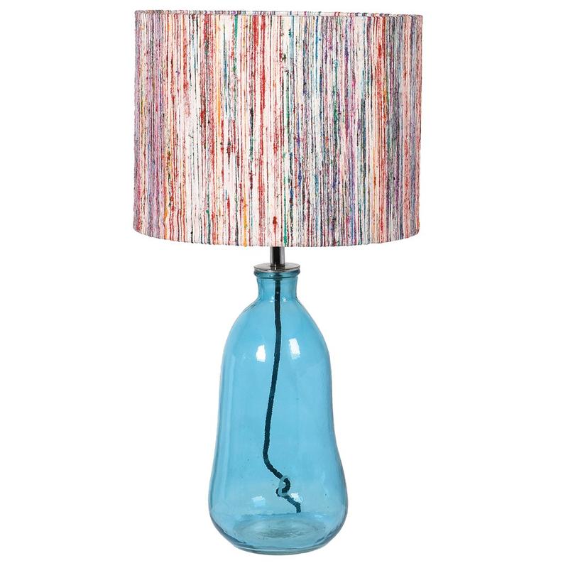 Blue Glass Lamp with Striped Shade