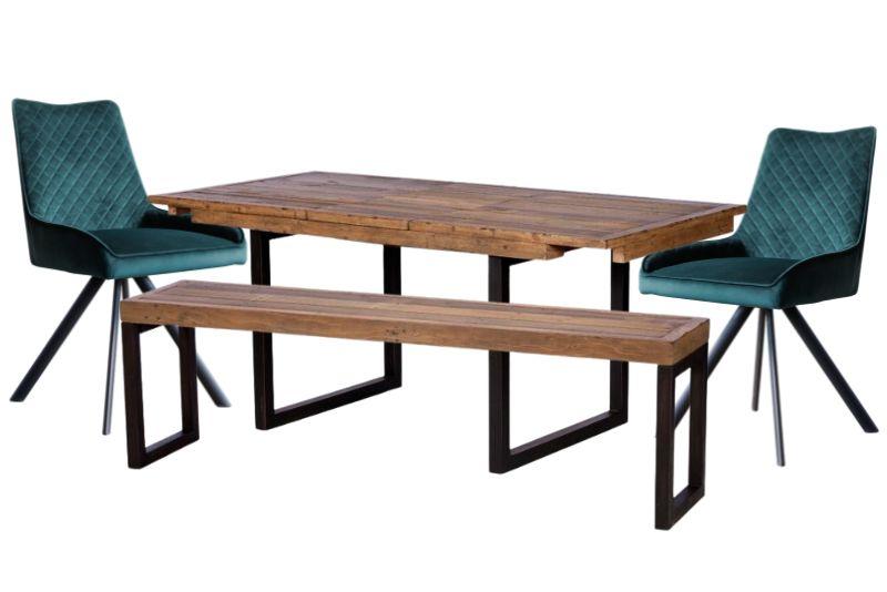 Ford 140cm Ext. Dining Table with 155cm Bench and 2 Green Pero Dining Chairs - Bundle Deal