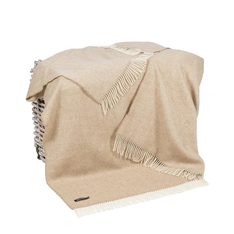 Merino Cashmere Throw Beige Herringbone