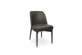 A modern dining chair upholstered in dark olive green leather with slim dark metal legs, shown against a plain white background.