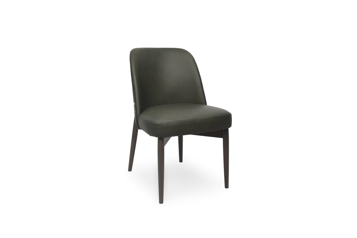 A modern dining chair upholstered in dark olive green leather with slim dark metal legs, shown against a plain white background.