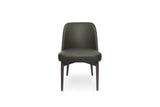 A modern dining chair upholstered in dark olive green leather with tapered dark wood legs, shown against a plain white background.