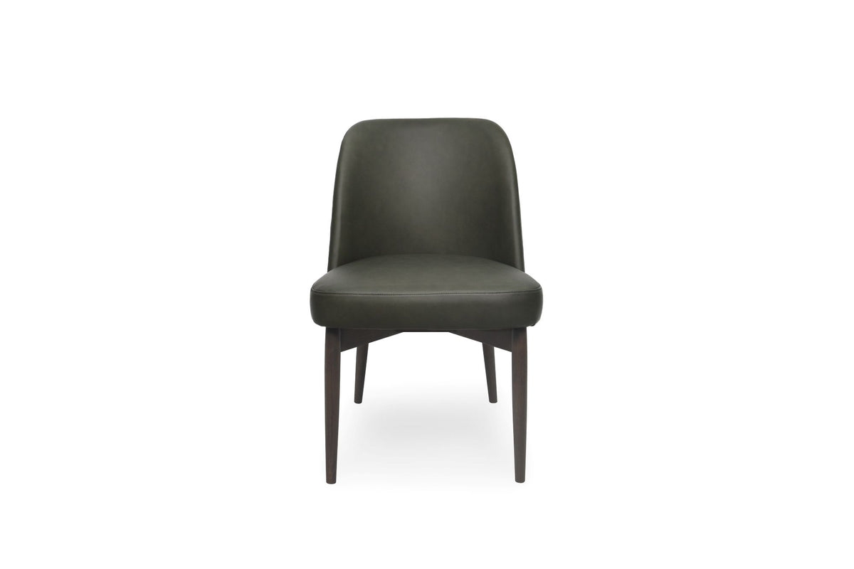 A modern dining chair upholstered in dark olive green leather with tapered dark wood legs, shown against a plain white background.