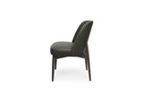 A modern dining chair with dark olive green upholstered seat and backrest, supported by dark brown wooden legs, shown from a side angle on a white background.
