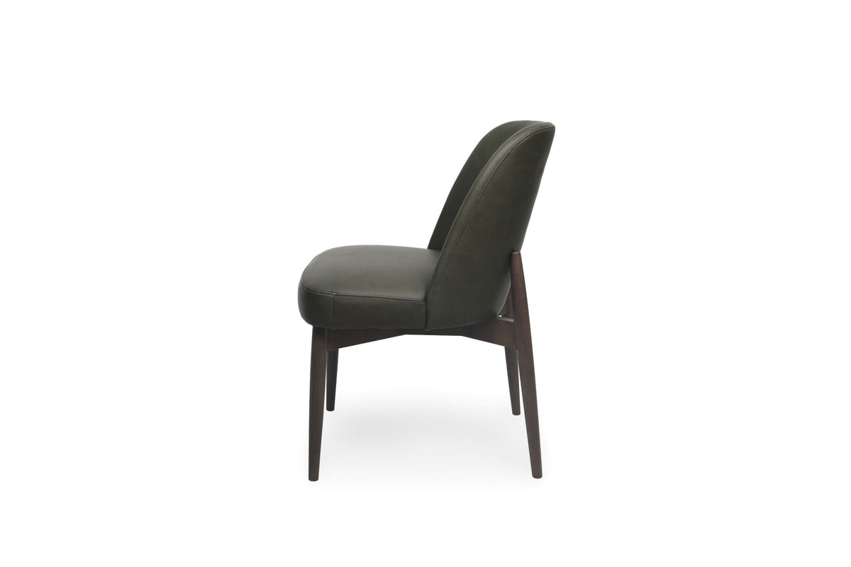 A modern dining chair with dark olive green upholstered seat and backrest, supported by dark brown wooden legs, shown from a side angle on a white background.
