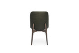A modern dining chair with a dark olive green upholstered seat and back, supported by four tapered dark brown wooden legs, shown from the rear against a plain white background.