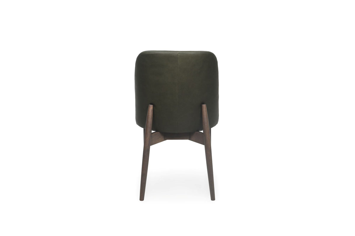 A modern dining chair with a dark olive green upholstered seat and back, supported by four tapered dark brown wooden legs, shown from the rear against a plain white background.