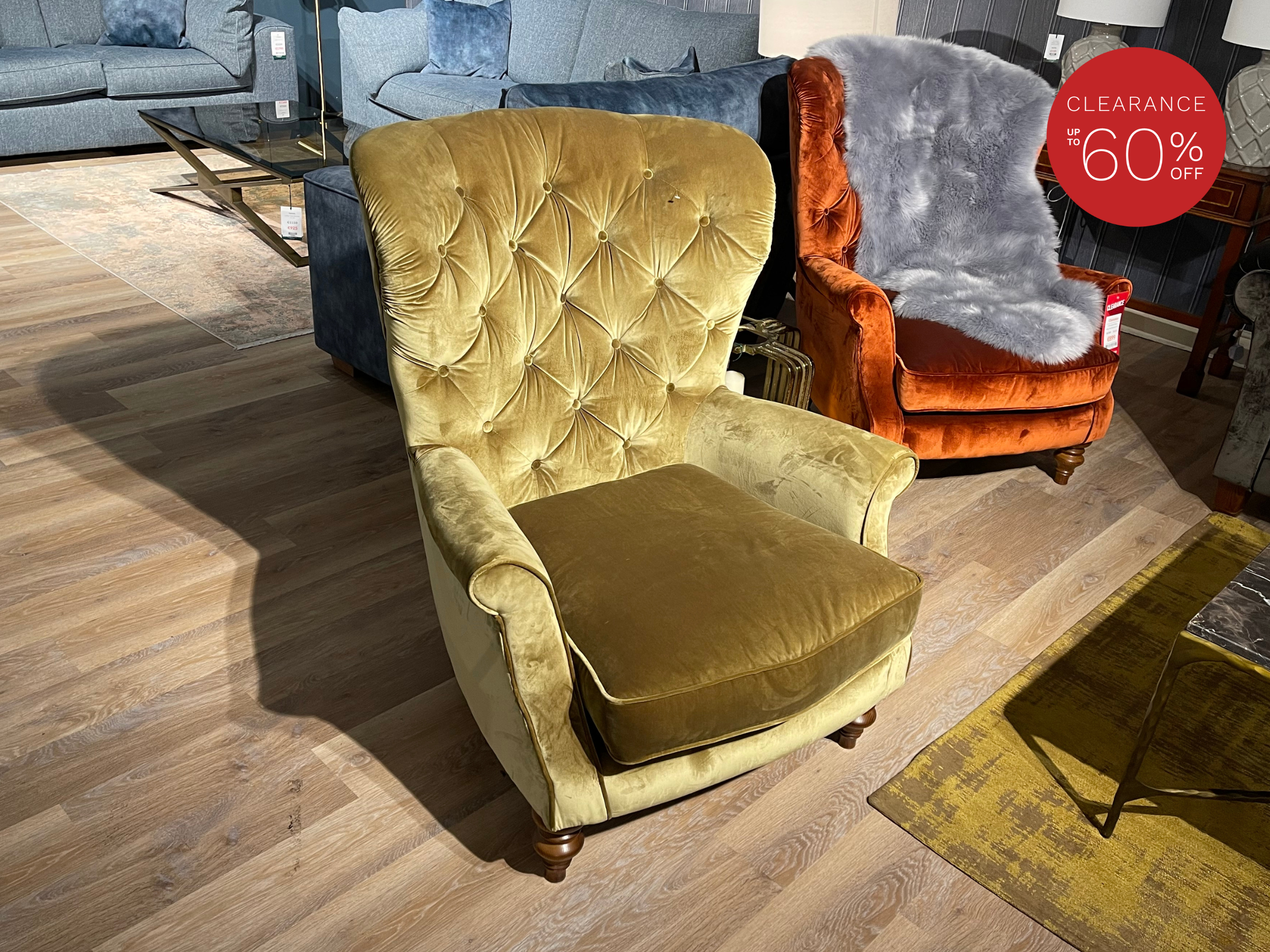 Jethro Light Gold Buttoned Wing Chair  - Clearance Cork   
