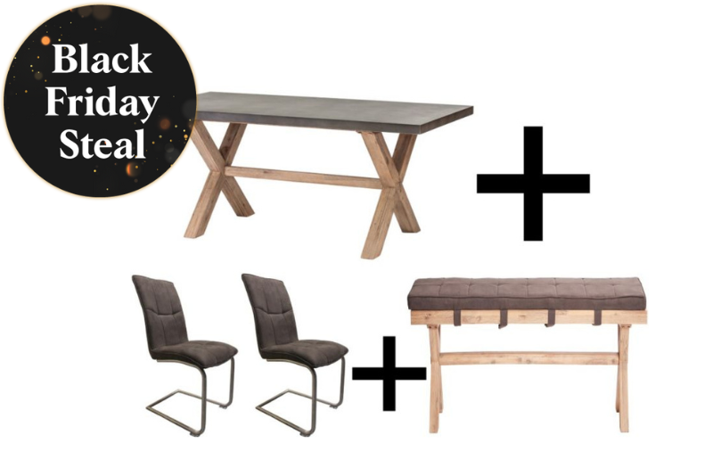 Rhodes Dining Table, Rhodes Bench and 2 Rhodes Chairs - Bundle Deal